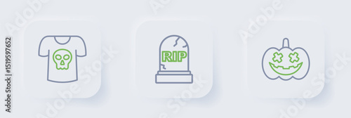 Set line Pumpkin, Tombstone with RIP written and Shirt skull icon. Vector
