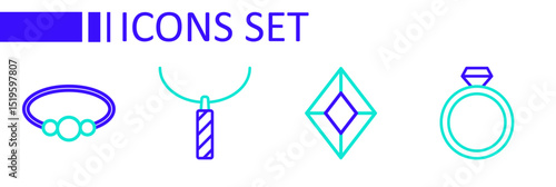 Set line Diamond engagement ring, Gem stone, Pendant necklace and Bracelet jewelry icon. Vector
