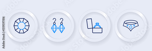 Set line Necklace, Diamond engagement ring in box, Earrings and icon. Vector