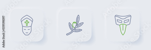 Set line Carnival mask, Olives branch and Pope icon. Vector