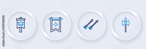 Set line Medieval axe, arrows, flag and icon. Vector