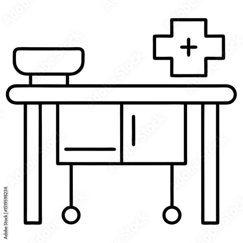 Medical examination table with cabinet and plus symbol icon