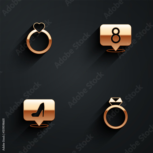 Set Diamond engagement ring, 8 March, Woman shoe and icon with long shadow. Vector