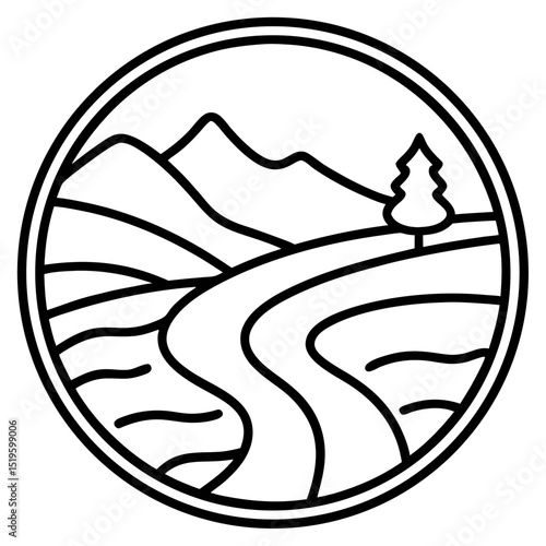 Simple line art illustration of a river winding through a mountain valley