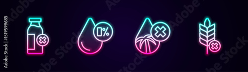 Set line Lactose intolerance, Water balance, Palm oil free and Gluten grain. Glowing neon icon. Vector
