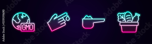 Set line GMO, Finger blood, Sports nutrition proteine and Shopping bag and food. Glowing neon icon. Vector