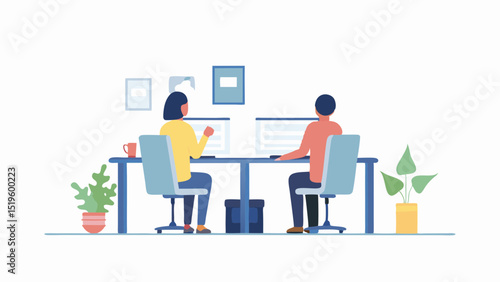 Two people working at desks with computers in a bright office setting with plants and decor items