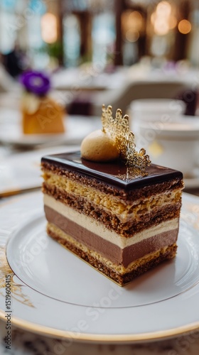 An ornate opera cake slice with layers of ganache and coffee cream, served at a luxury patisserie with gold accents