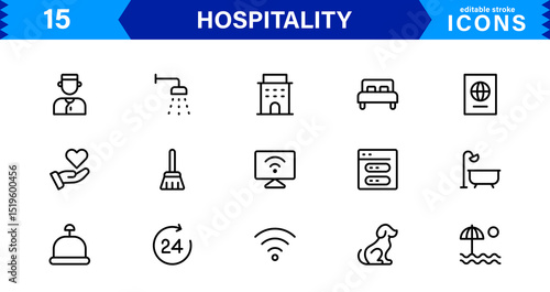Hospitality Icon Collection with Hotel, Service, Room, Food, and Reception Symbols in Minimalist, Marketable Vector Style for Digital Assets