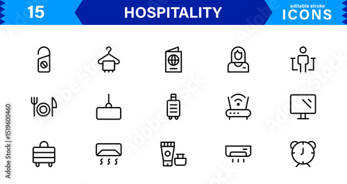 Hospitality Icon Collection with Hotel, Service, Room, Food, and Reception Symbols in Minimalist, Marketable Vector Style for Digital Assets