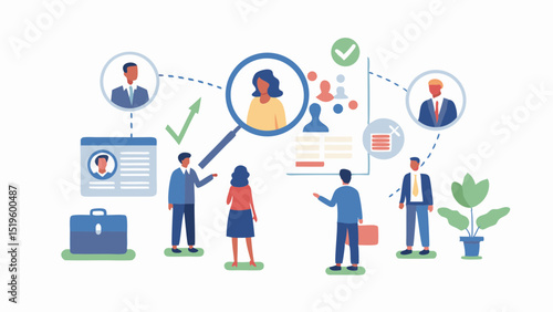 Team of recruiters reviewing candidate profiles with magnifying glass and check marks for hiring process