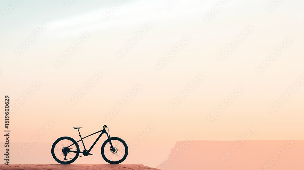 Fototapeta premium Silhouette of a mountain bike on a cliff edge at sunset. Concept of adventure, freedom, and outdoor activities.