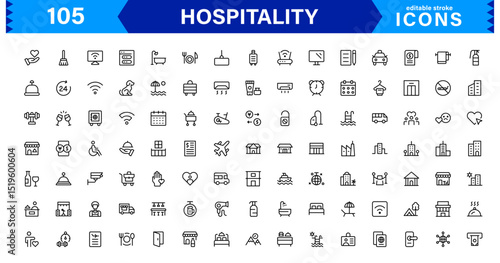 Hospitality Icon Collection with Hotel, Service, Room, Food, and Reception Symbols in Minimalist, Marketable Vector Style for Digital Assets