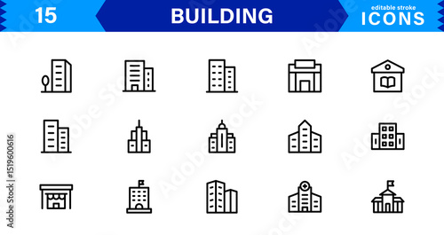 Building Icon Set Representing Construction, Architecture, Tools, Blueprints, and Urban Development in Simple, Download-Ready Vector Format