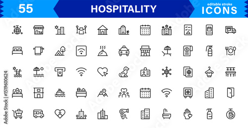 Hospitality Icon Collection with Hotel, Service, Room, Food, and Reception Symbols in Minimalist, Marketable Vector Style for Digital Assets