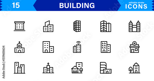 Building Icon Set Representing Construction, Architecture, Tools, Blueprints, and Urban Development in Simple, Download-Ready Vector Format
