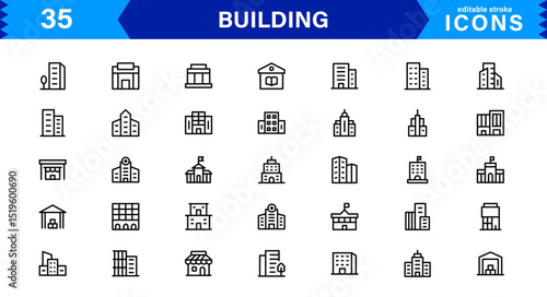 Building Icon Set Representing Construction, Architecture, Tools, Blueprints, and Urban Development in Simple, Download-Ready Vector Format