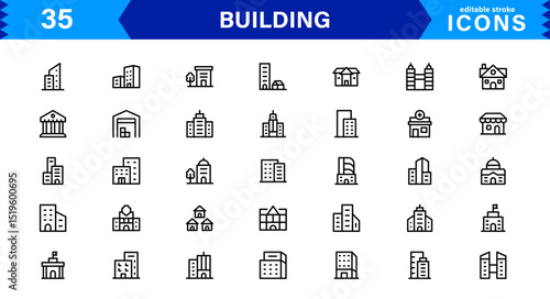 Building Icon Set Representing Construction, Architecture, Tools, Blueprints, and Urban Development in Simple, Download-Ready Vector Format