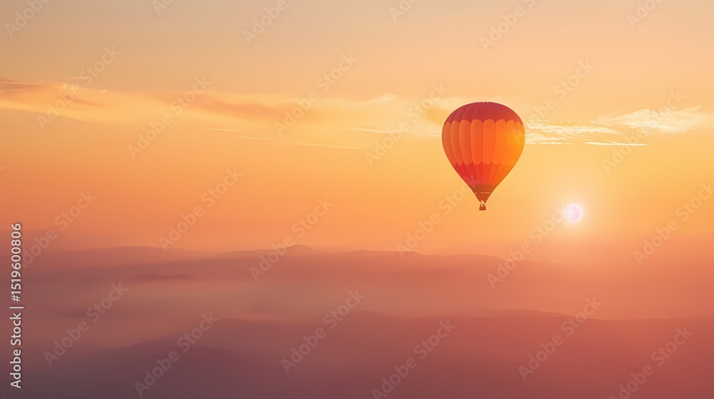 Fototapeta premium Hot air balloon soaring above a misty landscape at sunset. Conceptual image of adventure, freedom, travel, and exploration.