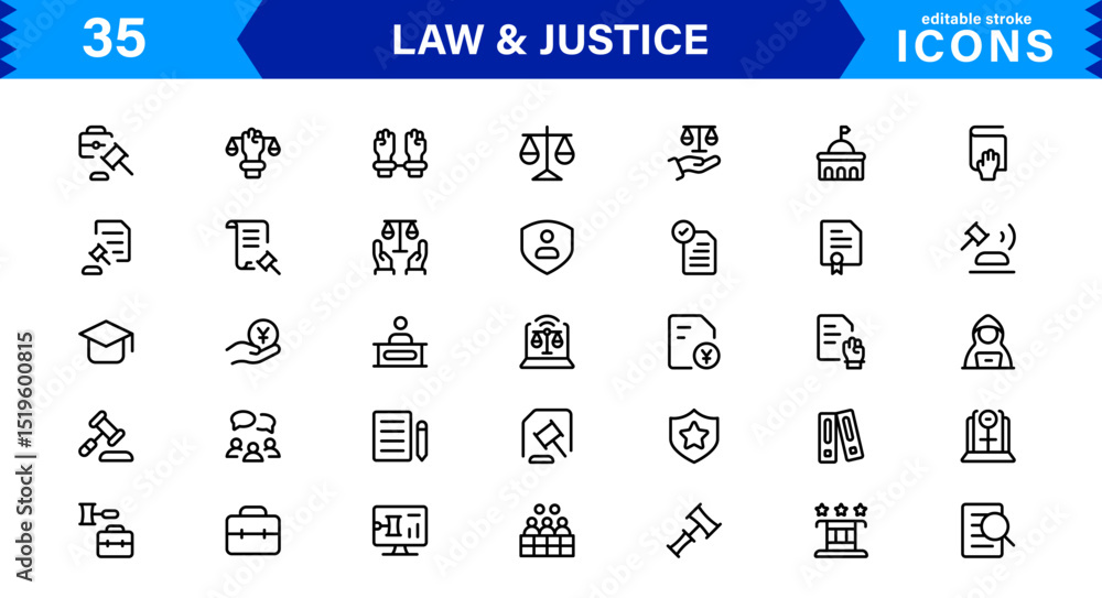 Fototapeta premium Law & Justice Icon Set Featuring Court, Lawyer, Gavel, Justice Scale, and Legal Concepts in a Clean, Professional Vector Style for Stock Use