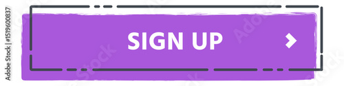 Purple rectangular button with the words sign up in white and a white arrow pointing right, inviting users to register or join a platform or service