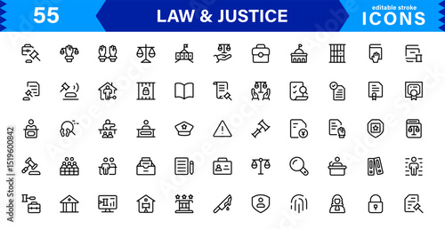 Law & Justice Icon Set Featuring Court, Lawyer, Gavel, Justice Scale, and Legal Concepts in a Clean, Professional Vector Style for Stock Use