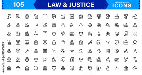 Law & Justice Icon Set Featuring Court, Lawyer, Gavel, Justice Scale, and Legal Concepts in a Clean, Professional Vector Style for Stock Use