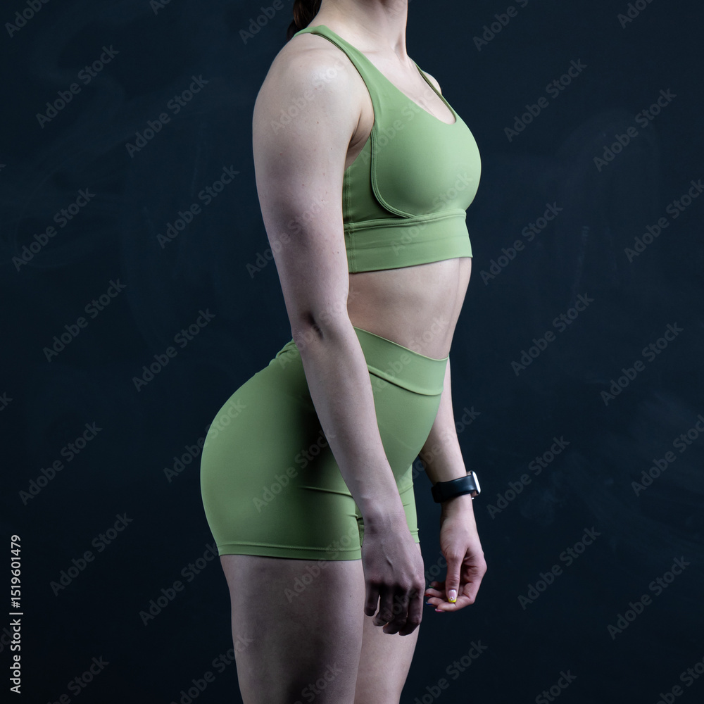 Fototapeta premium athletic female body on dark background, fitness woman, athletic girl torso 