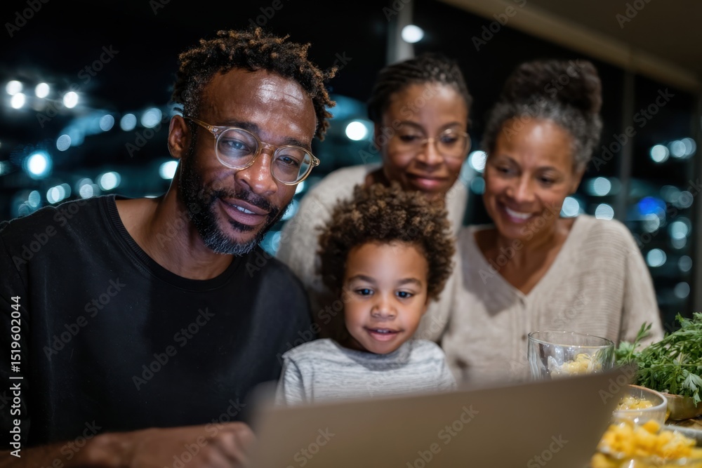 Fototapeta premium A multigenerational family engaging with a laptop and each other at a dining table, symbolizing the importance of digital interaction and shared experiences across generations.