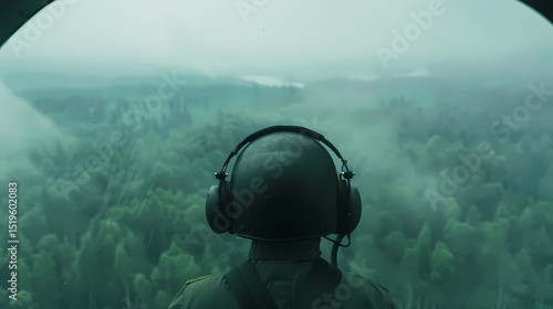 Helicopter pilot overlooking a vast forest landscape from the cockpit.  Concept of aerial view, surveillance, environmental monitoring, or military operation.