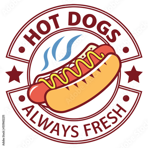 Delicious always fresh hot dog logo with mustard and steam for food branding