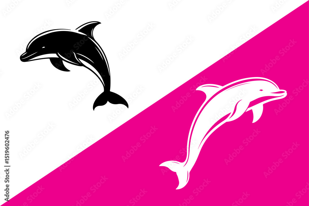 Naklejka premium Two Dolphins in a Jump, Black and White Silhouette Design