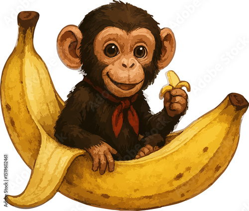 Photography A charming cartoon monkey with a red scarf sits inside a banana peel, holding a piece of banana
