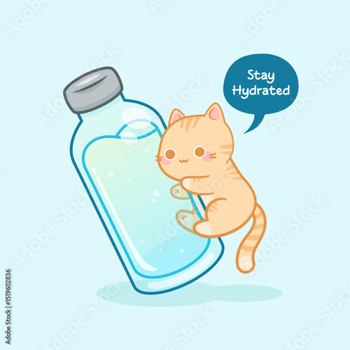 cute orange cat hugging a bottle of water