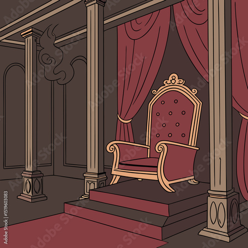 Regal throne room illustration depicting grand red chair and elegant curtains within a royal setting