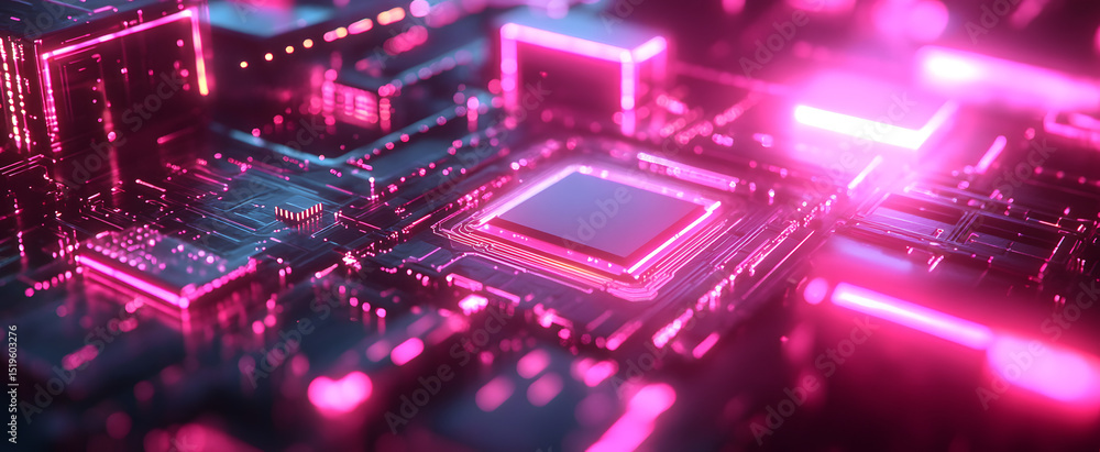 Obraz premium The captivating microchip on a futuristic circuit board illuminated by vibrant lights.