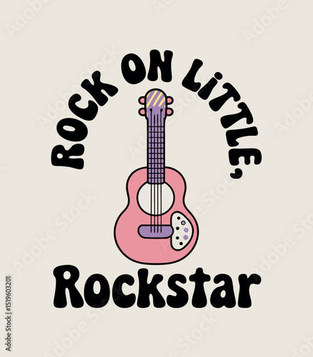 Retro design featuring a pink ukulele and the phrase rock on little rockstar on a light background.