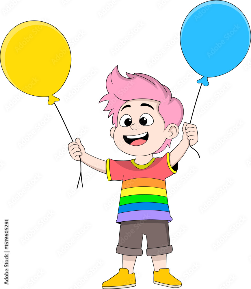 Cartoon Kid with Balloons and Rainbow Shirt Celebrating Pride Cartoon Kid with Balloons and Rainbow Shirt Celebrating Pride