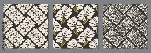 Set of trendy minimalist seamless botanical pattern with abstract creative hand drawn composition