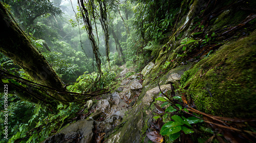 Fototapeta Naklejka Na Ścianę i Meble -  Jungle Descent In Papua New Guinea, Suitable For Exploration And Immersive Terrain Visuals
