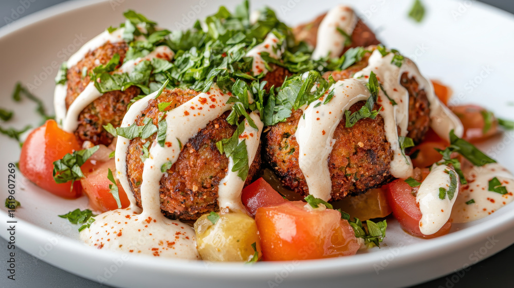 Delicious plate of falafel topped with fresh herbs and drizzled with sauce, served with vibrant vegetables Delicious plate of falafel topped with fresh herbs and drizzled with sauce, served with vibrant vegetables