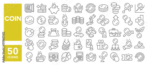 Set of 50 line icons related to coin, money, treasure, cent, metal coin, savings, coins, Editable stroke. Vector illustration