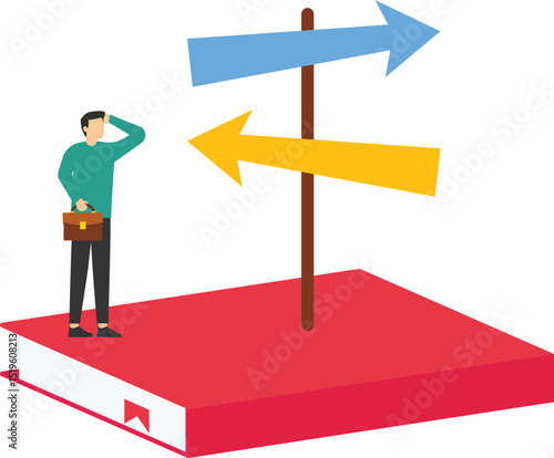 Education path, finding passion to study, decision to take academic course concept, Teens finding direction to go at signpost locating on graduation cap. stock illustration

