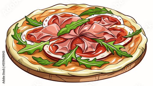 Thin-sliced prosciutto with fresh arugula over mozzarella and olive oil base, shown close-up on a white background, balancing salty and peppery flavors in a gourmet-style European pizza.