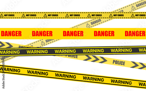Caution warning tape with yellow and black stripes. Realistic crossed tape for construction area, crime scene or danger zone. Police warning crossed ribbon at transparent background. 