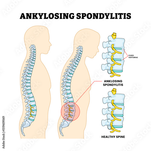 Ankylosing Spondylitis or Bamboo Spine Spinal Disease, Educational Medical Poster Design Healthcare Scheme, Labeled Fused Vertebrae, Human Chronic Inflammation Backbone Structure Anatomy.