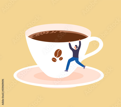 A man climbing a coffee cup. Illustration of coffee addiction. Vector illustration.