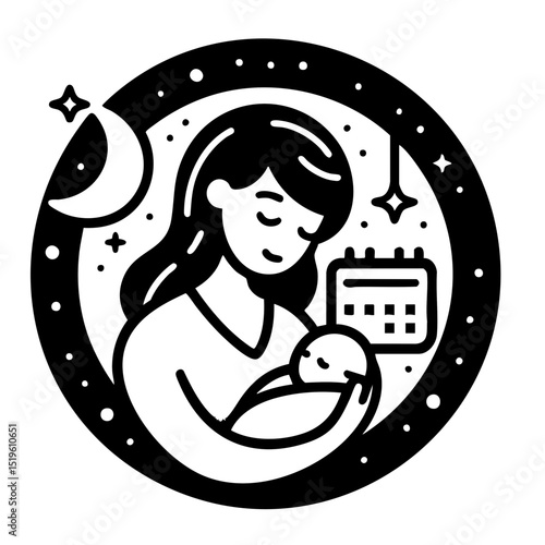 Loving mother holding newborn baby with peaceful mood representing family bond against starry night sky with crescent moon background with copy space