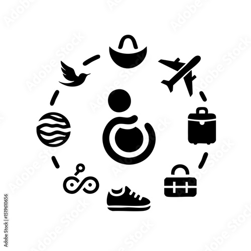 Person in a wheelchair with a hopeful mood surrounded by symbols of freedom and travel against a white background