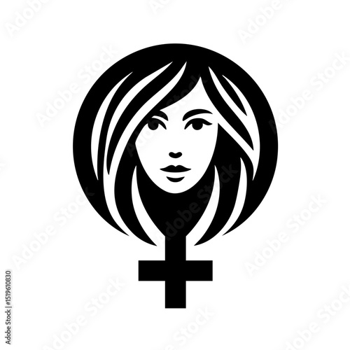 Sleek Minimalist Female Gender Symbol with Stylized with Flowing Hair in Tresses in Bold Monochrome